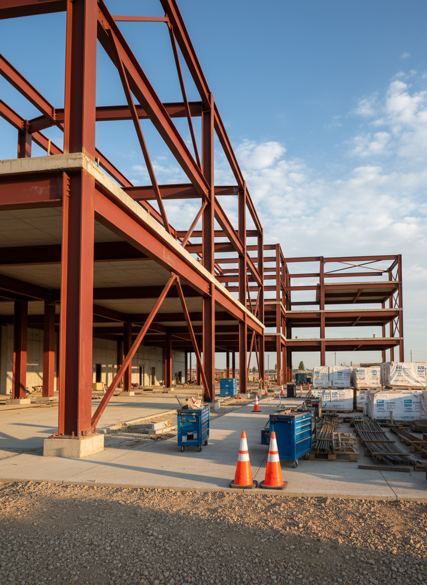 A close-up, wide-angle view of a high-end construction site for a modern commercial building, showcasing exposed steel beams, freshly poured concrete slabs, and neatly stacked materials arranged in precise rows. The ground is compacted gravel transitioning to smooth concrete, with safety cones and cleanly organized tool storage in the midground. Late afternoon natural light casts long, defined shadows, emphasizing textures in the metal and stone. The sky is crisp blue with a few soft clouds. Photographic realism, eye-level composition with sharp focus throughout, creating a professional, organized, and forward-looking mood, ideal for a general contractor’s homepage hero image conveying reliability and large-scale capability. No workers or people visible anywhere in the frame.